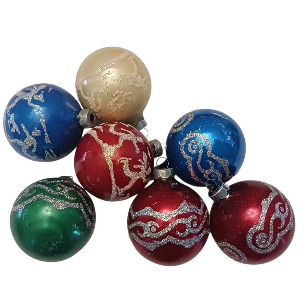 Vtg Snowflake Glass Ball Christmas Ornament Set Glitter Ice Skaters Lot Of